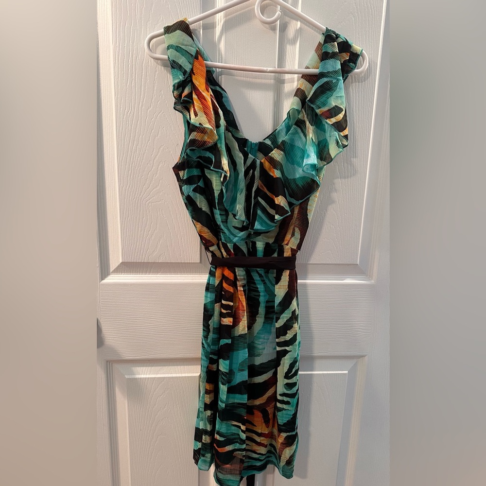 Bisou Bisou Teal and Black Jungle-Pattern Dress- ruffled, lightweight, layered